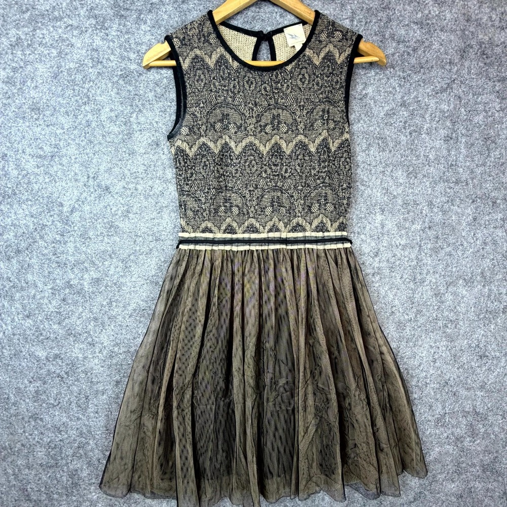 Weston Wear Sweater Dress‎ Womens Small Tan Black Crochet Floral Keyhole Back
